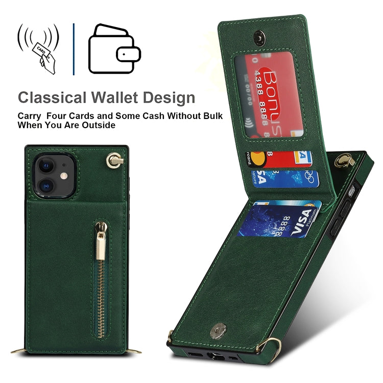 For iPhone 11 Cross-body Zipper Square TPU+PU Back Cover Case with Holder & Card Slots & Wallet & Strap (Green) - iPhone 11 Cases by buy2fix | Online Shopping UK | buy2fix