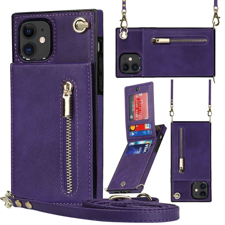 For iPhone 11 Cross-body Zipper Square TPU+PU Back Cover Case with Holder & Card Slots & Wallet & Strap (Purple) - iPhone 11 Cases by buy2fix | Online Shopping UK | buy2fix