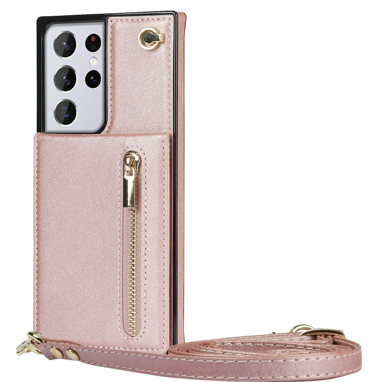 For Samsung Galaxy S21 Ultra 5G Cross-body Zipper Square TPU+PU Back Cover Case with Holder & Card Slots & Wallet & Strap(Rose Gold) - Galaxy S21 Ultra 5G Cases by buy2fix | Online Shopping UK | buy2fix