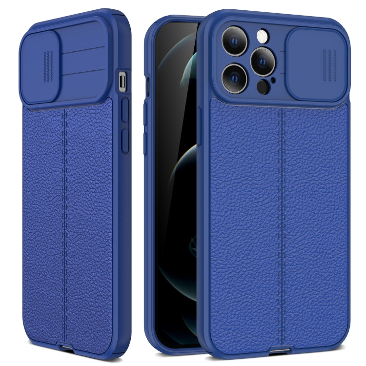 For iPhone 12 Pro Max Litchi Texture Sliding Camshield TPU Protective Case (Blue) - iPhone 12 Pro Max Cases by buy2fix | Online Shopping UK | buy2fix