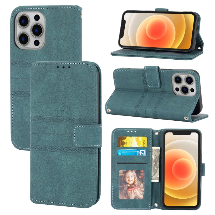 For iPhone 13 Embossed Striped Magnetic Buckle PU + TPU Horizontal Flip Leather Case with Holder & Card Slot & Wallet & Photo Frame & Sling(Green) - iPhone 13 Cases by buy2fix | Online Shopping UK | buy2fix