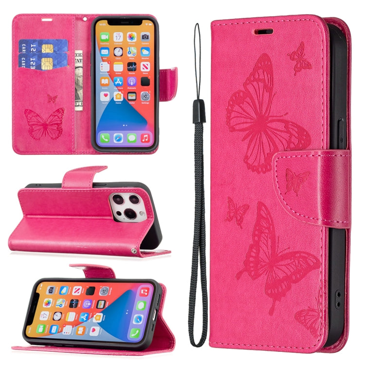 For iPhone 13 Embossing Two Butterflies Pattern Horizontal Flip PU Leather Case with Holder & Card Slot & Wallet & Lanyard(Rose Red) - iPhone 13 Cases by buy2fix | Online Shopping UK | buy2fix