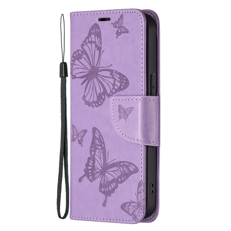 For iPhone 13 Pro Max Embossing Two Butterflies Pattern Horizontal Flip PU Leather Case with Holder & Card Slot & Wallet & Lanyard (Purple) - iPhone 13 Pro Max Cases by buy2fix | Online Shopping UK | buy2fix