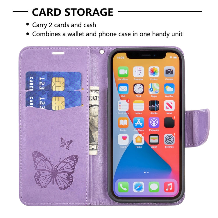 For iPhone 13 Pro Max Embossing Two Butterflies Pattern Horizontal Flip PU Leather Case with Holder & Card Slot & Wallet & Lanyard (Purple) - iPhone 13 Pro Max Cases by buy2fix | Online Shopping UK | buy2fix