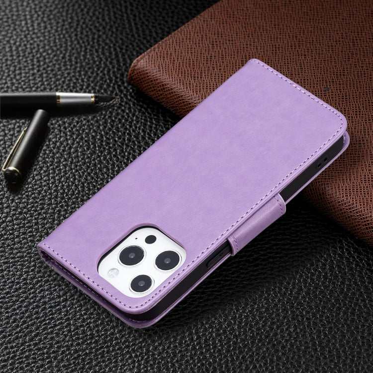 For iPhone 13 Pro Max Embossing Two Butterflies Pattern Horizontal Flip PU Leather Case with Holder & Card Slot & Wallet & Lanyard (Purple) - iPhone 13 Pro Max Cases by buy2fix | Online Shopping UK | buy2fix