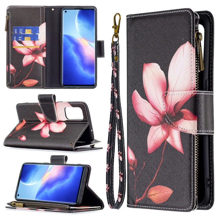 For OPPO Reno5 5G Colored Drawing Pattern Zipper Horizontal Flip Leather Case with Holder & Card Slots & Wallet(Lotus) - OPPO Cases by buy2fix | Online Shopping UK | buy2fix