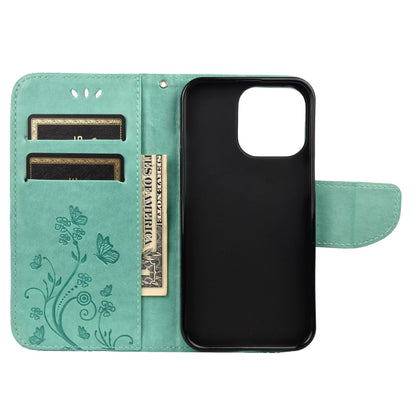 For iPhone 13 Butterfly Flower Pattern Horizontal Flip Leather Case with Holder & Card Slots & Wallet(Green) - iPhone 13 Cases by buy2fix | Online Shopping UK | buy2fix