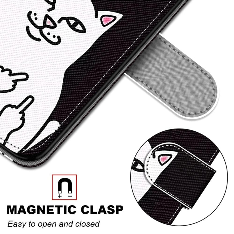 For iPhone 13 Coloured Drawing Cross Texture Horizontal Flip PU Leather Case with Holder & Card Slots & Wallet & Lanyard(Middle Finger White Cat) - iPhone 13 Cases by buy2fix | Online Shopping UK | buy2fix