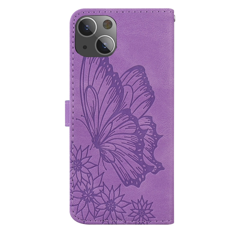 For iPhone 13 Retro Skin Feel Butterflies Embossing Horizontal Flip Leather Case with Holder & Card Slots & Wallet(Purple) - iPhone 13 Cases by buy2fix | Online Shopping UK | buy2fix