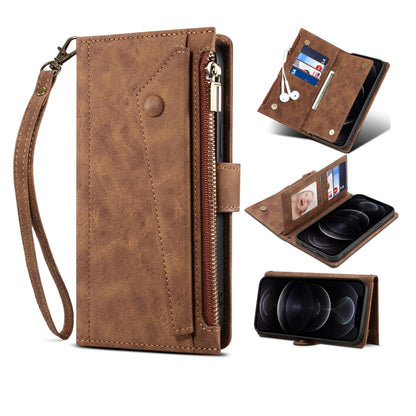 For iPhone 13 mini Retro Frosted Horizontal Flip Leather Case with Holder & Card Slot & Wallet & Zipper Pocket & Lanyard (Brown) - iPhone 13 mini Cases by buy2fix | Online Shopping UK | buy2fix