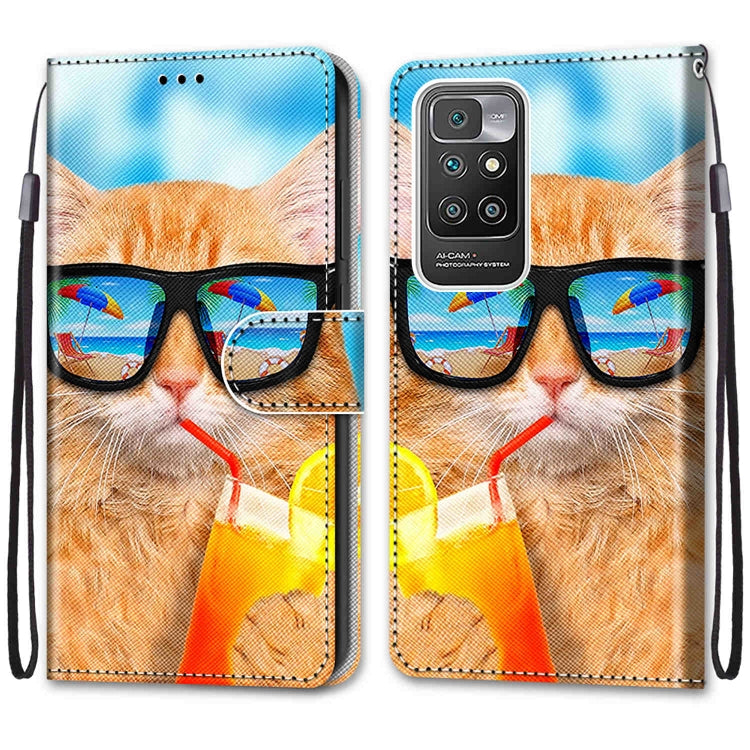 For Xiaomi Redmi 10 Coloured Drawing Cross Texture Horizontal Flip PU Leather Case with Holder & Card Slots & Wallet & Lanyard(Cat Drinking Soda) - Xiaomi Cases by buy2fix | Online Shopping UK | buy2fix