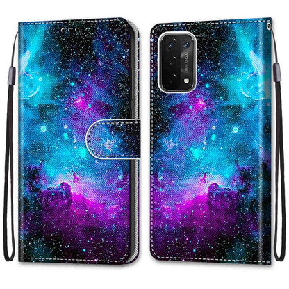 For OPPO A93 5G / A93s 5G / A54 5G / A74 5G Coloured Drawing Cross Texture Horizontal Flip PU Leather Case with Holder & Card Slots & Wallet & Lanyard(Purple Green Starry Sky) - OPPO Cases by buy2fix | Online Shopping UK | buy2fix