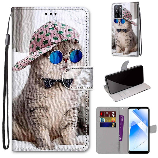 For OPPO A54 4G / A16 4G / A53s 5G / A55 5G Coloured Drawing Cross Texture Horizontal Flip PU Leather Case with Holder & Card Slots & Wallet & Lanyard(Slant Hat Blue Mirror Cat) - OPPO Cases by buy2fix | Online Shopping UK | buy2fix