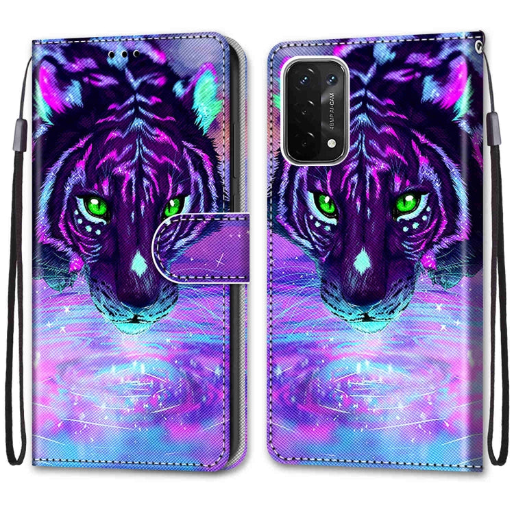 For OPPO A54 5G / A74 5G / A93 5G / A93s 5G Coloured Drawing Cross Texture Horizontal Flip PU Leather Case with Holder & Card Slots & Wallet & Lanyard(Tiger Drinking Water) - OPPO Cases by buy2fix | Online Shopping UK | buy2fix