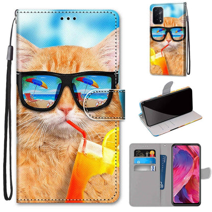 For OPPO A54 5G / A74 5G / A93 5G / A93s 5G Coloured Drawing Cross Texture Horizontal Flip PU Leather Case with Holder & Card Slots & Wallet & Lanyard(Cat Drinking Soda) - OPPO Cases by buy2fix | Online Shopping UK | buy2fix