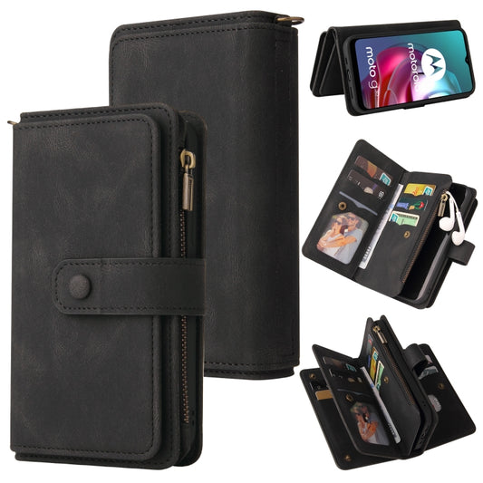 For Motorola Moto G30 Skin Feel PU + TPU Horizontal Flip Leather Case With Holder & 15 Cards Slot & Wallet & Zipper Pocket & Lanyard(Black) - Motorola Cases by buy2fix | Online Shopping UK | buy2fix