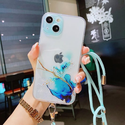 For iPhone 13 Pro Max Hollow Marble Pattern TPU Precise Hole Protective Case with Neck Strap Rope (Blue) - iPhone 13 Pro Max Cases by buy2fix | Online Shopping UK | buy2fix