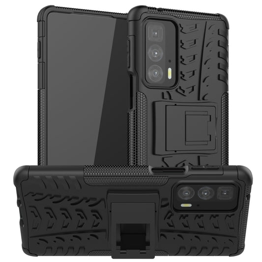 For Motorola Edge 20 Pro Tire Texture Shockproof TPU+PC Protective Case with Holder(Black) - Motorola Cases by buy2fix | Online Shopping UK | buy2fix