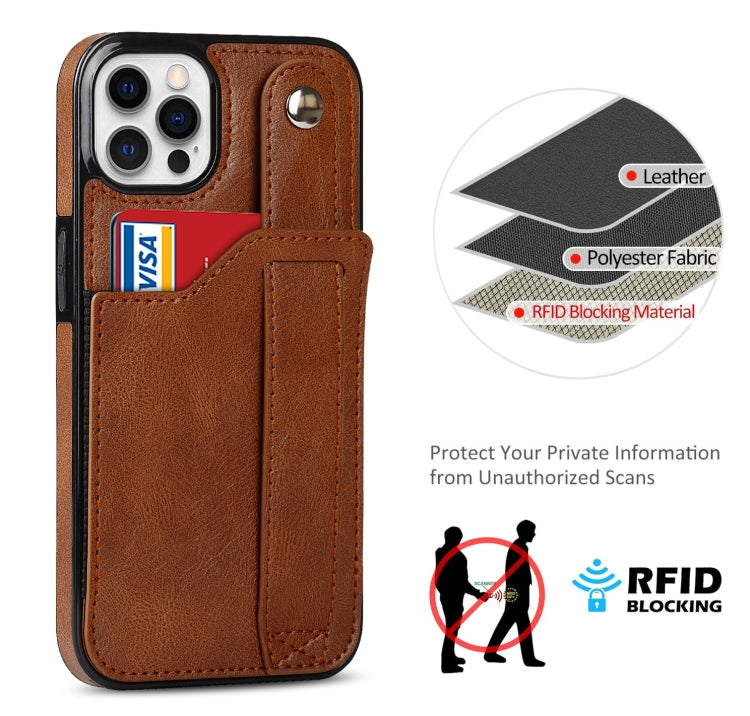 For iPhone 12 Pro Max Crazy Horse Texture Shockproof TPU + PU Leather Case with Card Slot & Wrist Strap Holder(Brown) - iPhone 12 Pro Max Cases by buy2fix | Online Shopping UK | buy2fix