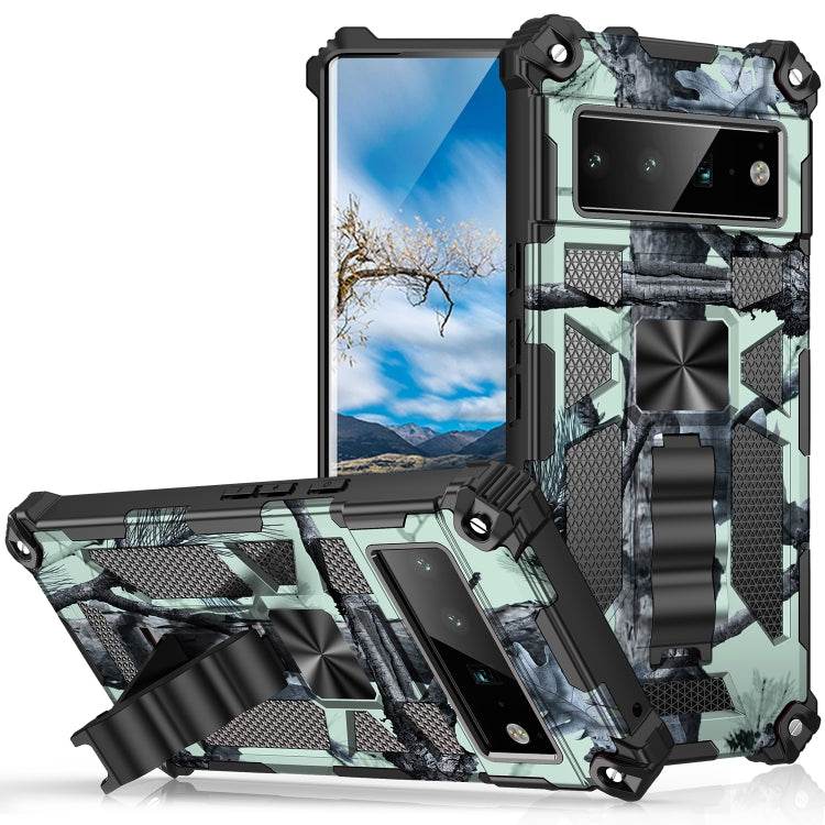 For Google Pixel 6 Pro Camouflage Armor Shockproof TPU + PC Magnetic Phone Case with Holder(Mint Green) - Google Cases by buy2fix | Online Shopping UK | buy2fix