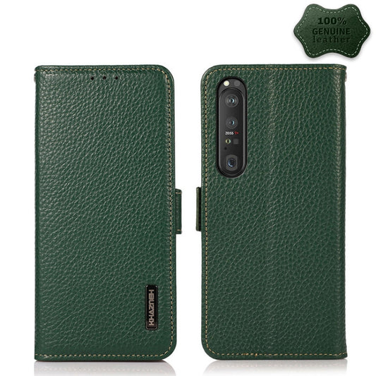 For Sony Xperia 1 III KHAZNEH Side-Magnetic Litchi Genuine Leather RFID Case(Green) - Sony Cases by buy2fix | Online Shopping UK | buy2fix