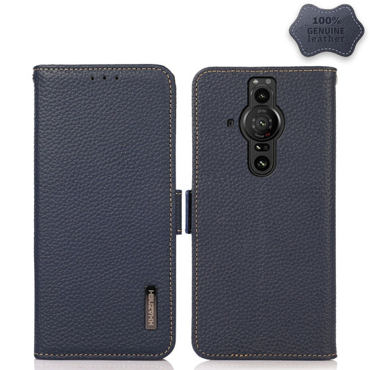 For Sony Xperia Pro-I KHAZNEH Side-Magnetic Litchi Genuine Leather RFID Case(Blue) - Sony Cases by buy2fix | Online Shopping UK | buy2fix