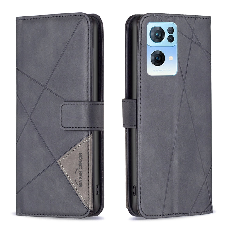 For OPPO Reno7 5G Global BF05 Magnetic Buckle Rhombus Texture Leather Phone Case(Black) - OPPO Cases by buy2fix | Online Shopping UK | buy2fix