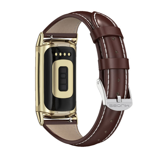 For Fitbit Charge5 Mijobs Genuine Leather Slim Watch Band(Coffee+Gold) - Watch Bands by MIJOBS | Online Shopping UK | buy2fix