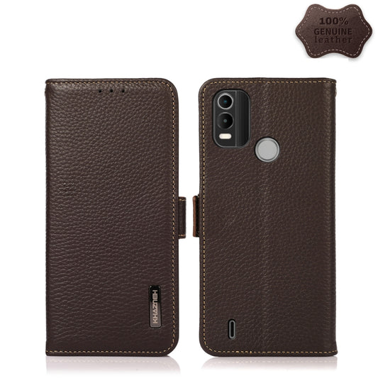 For Nokia C21 Plus KHAZNEH Side-Magnetic Litchi Genuine Leather RFID Phone Case(Brown) - Nokia Cases by buy2fix | Online Shopping UK | buy2fix