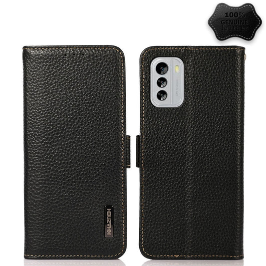 For Nokia G60 5G KHAZNEH Side-Magnetic Litchi Genuine Leather RFID Phone Case(Black) - Nokia Cases by buy2fix | Online Shopping UK | buy2fix