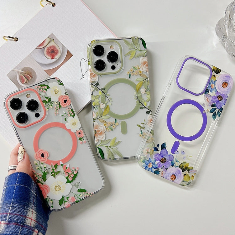 For iPhone 14 Pro Flowers Dual-side Laminating Magsafe Phone Case(Purple) - iPhone 14 Pro Cases by buy2fix | Online Shopping UK | buy2fix