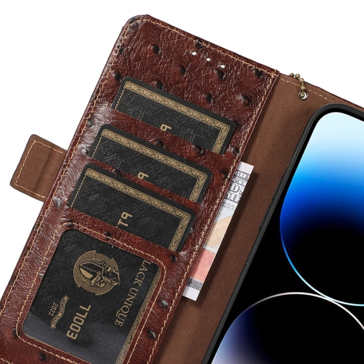 For iPhone SE 2024 Ostrich Pattern Genuine Leather RFID Phone Case(Coffee) - More iPhone Cases by buy2fix | Online Shopping UK | buy2fix