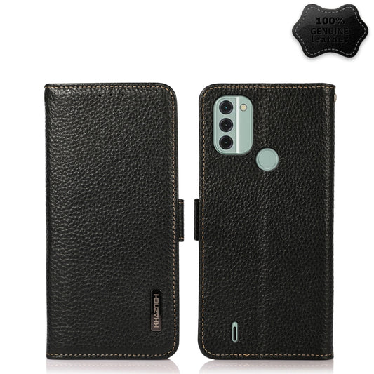 For Nokia C31 KHAZNEH Side-Magnetic Litchi Genuine Leather RFID Phone Case(Black) - Nokia Cases by buy2fix | Online Shopping UK | buy2fix