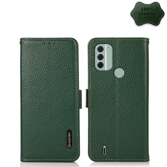 For Nokia C31 KHAZNEH Side-Magnetic Litchi Genuine Leather RFID Phone Case(Green) - Nokia Cases by buy2fix | Online Shopping UK | buy2fix