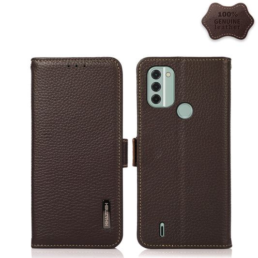 For Nokia C31 KHAZNEH Side-Magnetic Litchi Genuine Leather RFID Phone Case(Brown) - Nokia Cases by buy2fix | Online Shopping UK | buy2fix