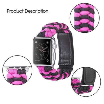 Paracord Plain Weave Hook And Loop Fastener Nylon Watch Band For Apple Watch Ultra 49mm&Watch Ultra 2 49mm / Series 9&8&7 45mm / SE 3&SE 2&6&SE&5&4 44mm / 3&2&1 42mm(Pink) - Watch Bands by buy2fix | Online Shopping UK | buy2fix