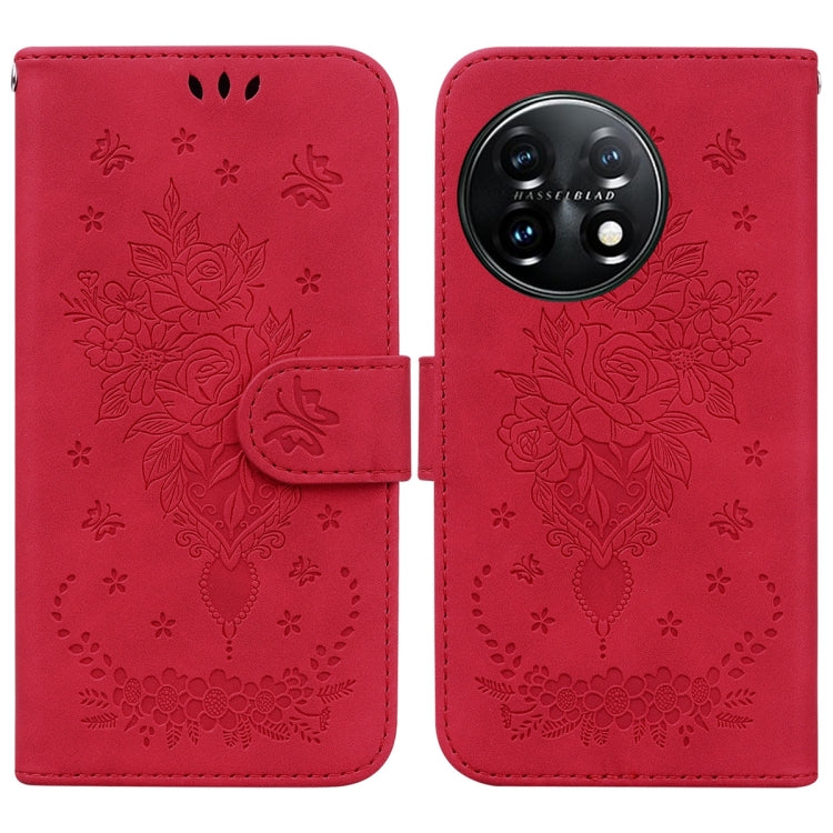 For OnePlus 11 Butterfly Rose Embossed Leather Phone Case(Red) - OnePlus Cases by buy2fix | Online Shopping UK | buy2fix