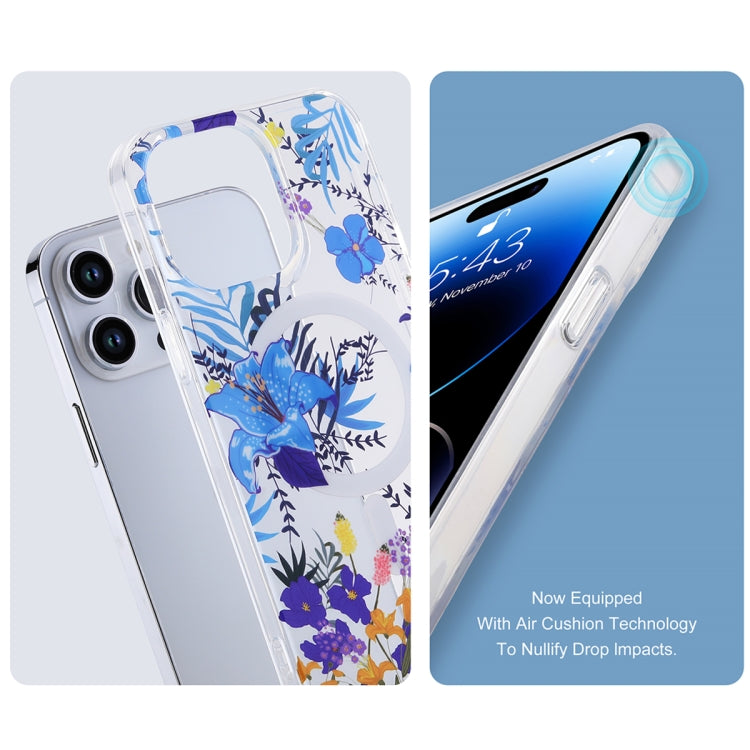 For iPhone 12 Pro Transparent Double Sided Magsafe Phone Case(Sky Blue Flower) - iPhone 12 / 12 Pro Cases by buy2fix | Online Shopping UK | buy2fix