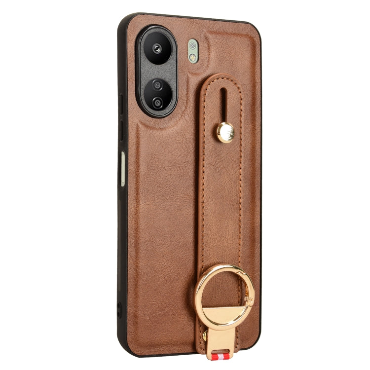 For Xiaomi Redmi 13C 4G/Poco C65 Wristband Leather Back Phone Case(Brown) - 13C Cases by buy2fix | Online Shopping UK | buy2fix