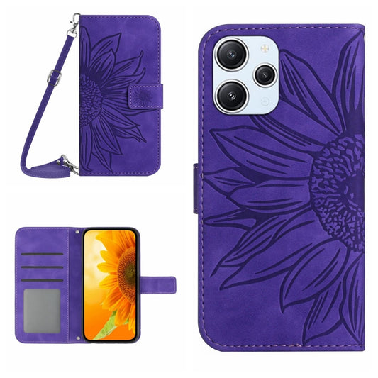 For Xiaomi Redmi 12 5G Skin Feel Sun Flower Embossed Flip Leather Phone Case with Lanyard(Dark Purple) - Xiaomi Cases by buy2fix | Online Shopping UK | buy2fix