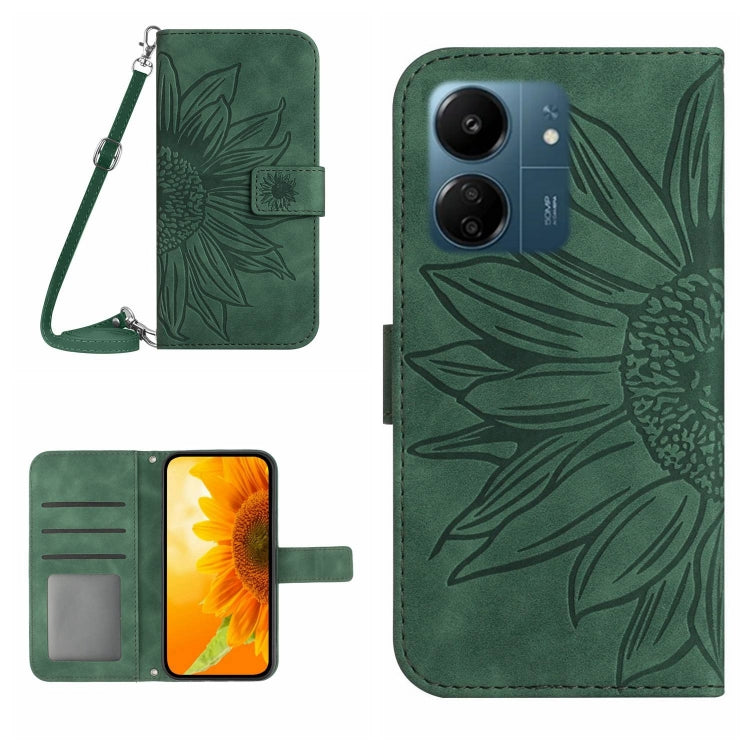 For Xiaomi Redmi 13C 4G Skin Feel Sun Flower Embossed Flip Leather Phone Case with Lanyard(Green) - 13C Cases by buy2fix | Online Shopping UK | buy2fix