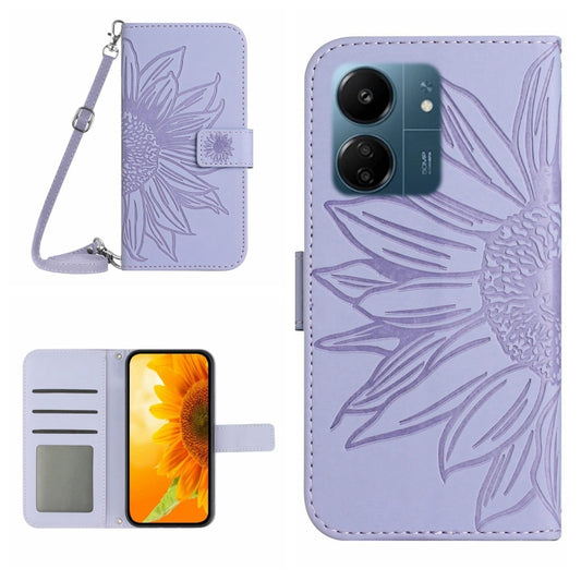 For Xiaomi Redmi 13C 4G Skin Feel Sun Flower Embossed Flip Leather Phone Case with Lanyard(Purple) - 13C Cases by buy2fix | Online Shopping UK | buy2fix