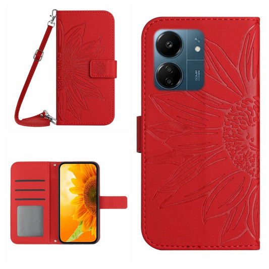 For Xiaomi Redmi 13C 4G Skin Feel Sun Flower Embossed Flip Leather Phone Case with Lanyard(Red) - 13C Cases by buy2fix | Online Shopping UK | buy2fix