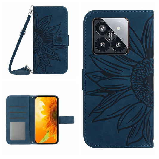 For Xiaomi 14 Pro Skin Feel Sun Flower Embossed Flip Leather Phone Case with Lanyard(Inky Blue) - 14 Pro Cases by buy2fix | Online Shopping UK | buy2fix