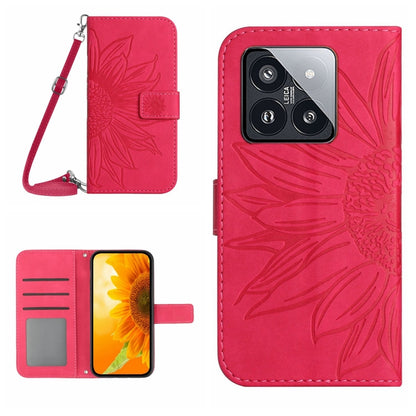 For Xiaomi 14 Pro Skin Feel Sun Flower Embossed Flip Leather Phone Case with Lanyard(Rose Red) - 14 Pro Cases by buy2fix | Online Shopping UK | buy2fix