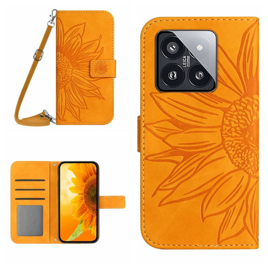 For Xiaomi 14 Pro Skin Feel Sun Flower Embossed Flip Leather Phone Case with Lanyard(Yellow) - 14 Pro Cases by buy2fix | Online Shopping UK | buy2fix
