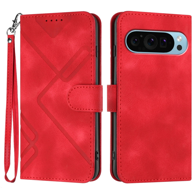 For Google Pixel 9 Pro Line Pattern Skin Feel Leather Phone Case(Red) - Google Cases by buy2fix | Online Shopping UK | buy2fix