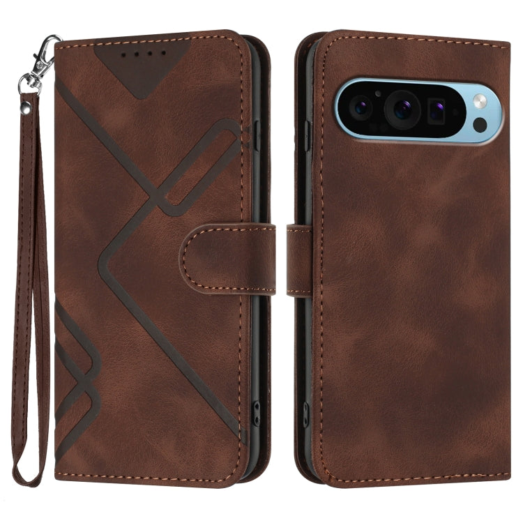 For Google Pixel 9 Pro Line Pattern Skin Feel Leather Phone Case(Coffee) - Google Cases by buy2fix | Online Shopping UK | buy2fix