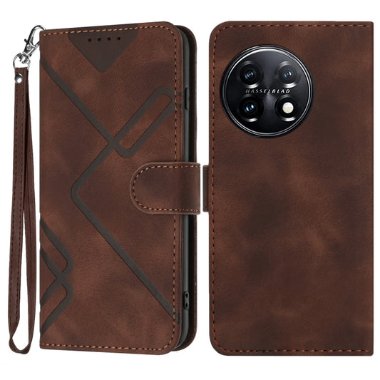 For OnePlus 11 Line Pattern Skin Feel Leather Phone Case(Coffee) - OnePlus Cases by buy2fix | Online Shopping UK | buy2fix