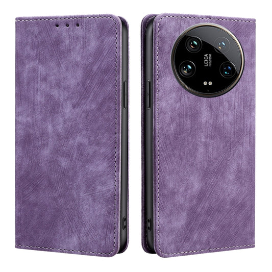 For Xiaomi 14 Ultra 5G RFID Anti-theft Brush Magnetic Leather Phone Case(Purple) - 14 Ultra Cases by buy2fix | Online Shopping UK | buy2fix